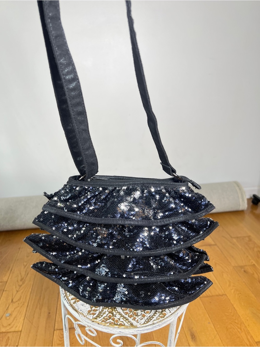 Poppie Jones Black Sequin Ruffle Crossbody Bag